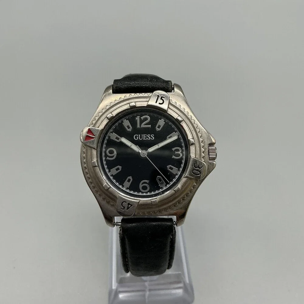 Vintage Guess Mens Watch 38mm Black Dial Silver Tone Leather Band New Battery